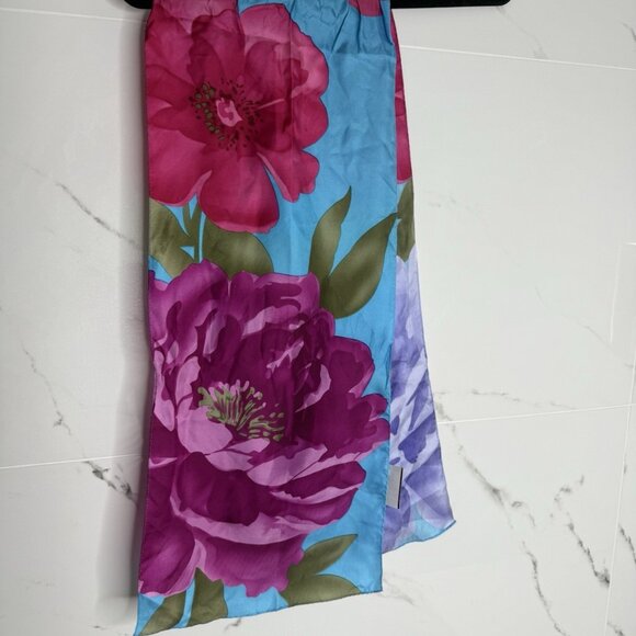 ADRIENNE VITTADINI Silk Scarf Floral Teal Rectangle 11”x54” Art To Wear Resort - Picture 6 of 9